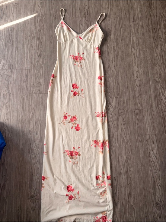 Dresses & Skirts - Women's Cream Floral Slip Dress with Pink Blooms